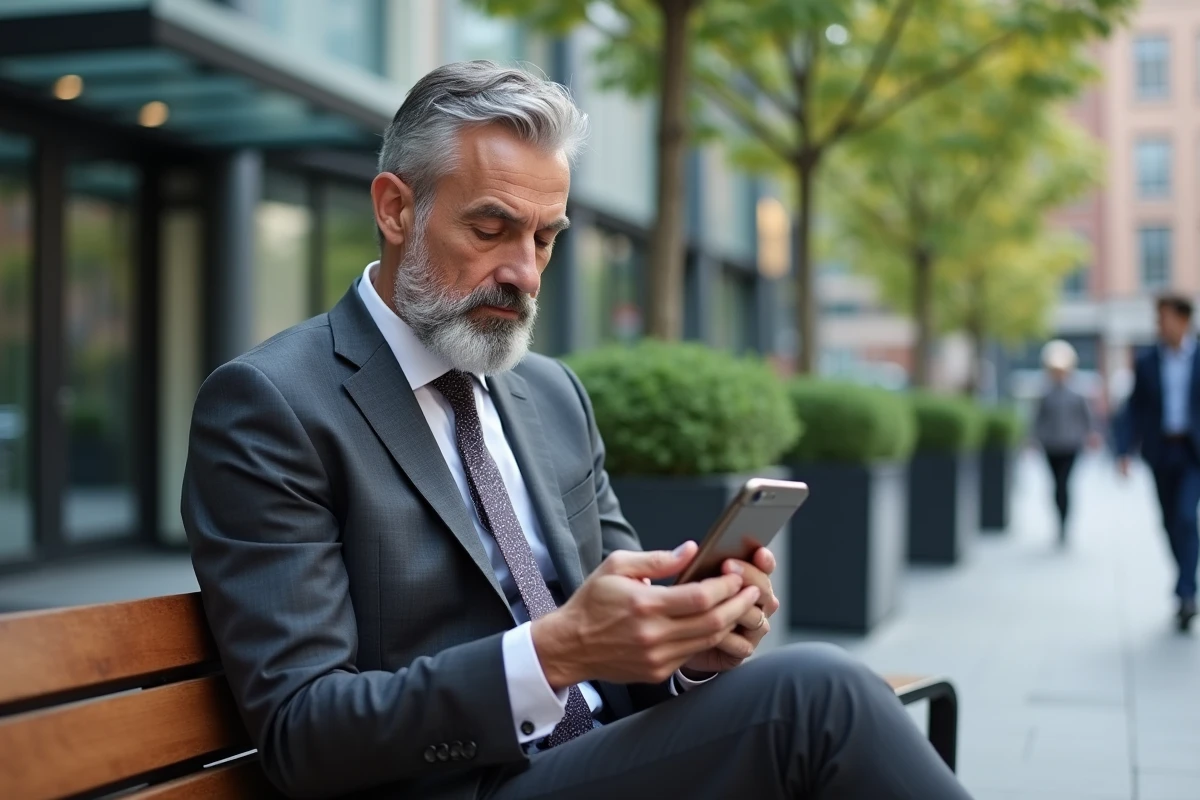 Avocat en costume travaillant sur son mobile en extérieur