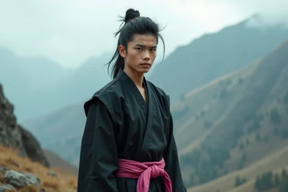 Jeune homme en costume de combat sur un plateau montagneux