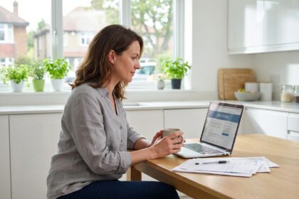 Femme assise à la cuisine avec ordinateur et café