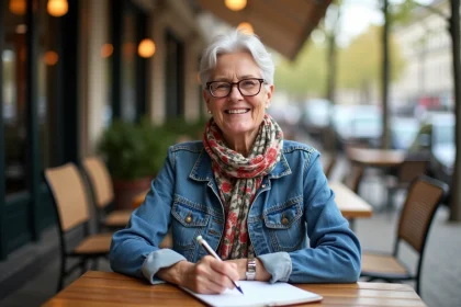 Femme parisienne en denim au café avec sourire naturel