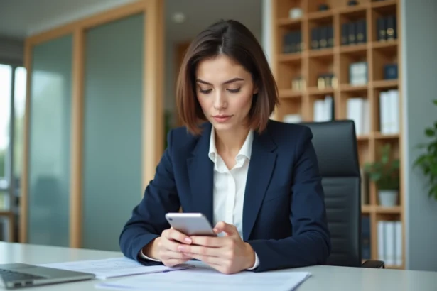 Femme d'affaires concentrée sur son smartphone au bureau