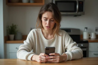 Femme assise à la maison utilisant son smartphone