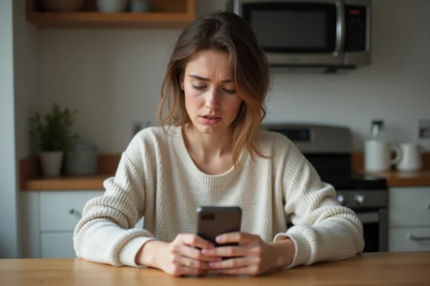 Femme assise à la maison utilisant son smartphone