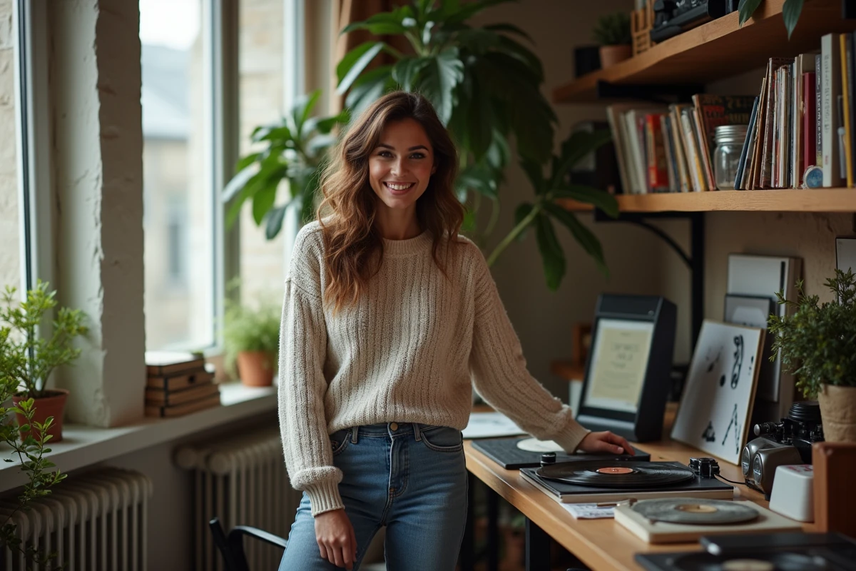 Femme ajustant des vinyles dans un intérieur cosy