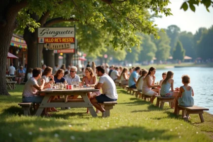 Groupe de familles profitant d'une guinguette au bord de l'eau