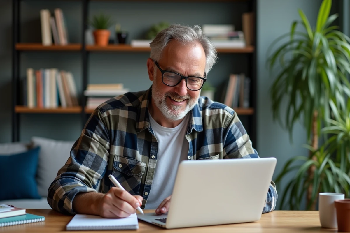 Homme au bureau vérifiant un site web avec un ordinateur portable