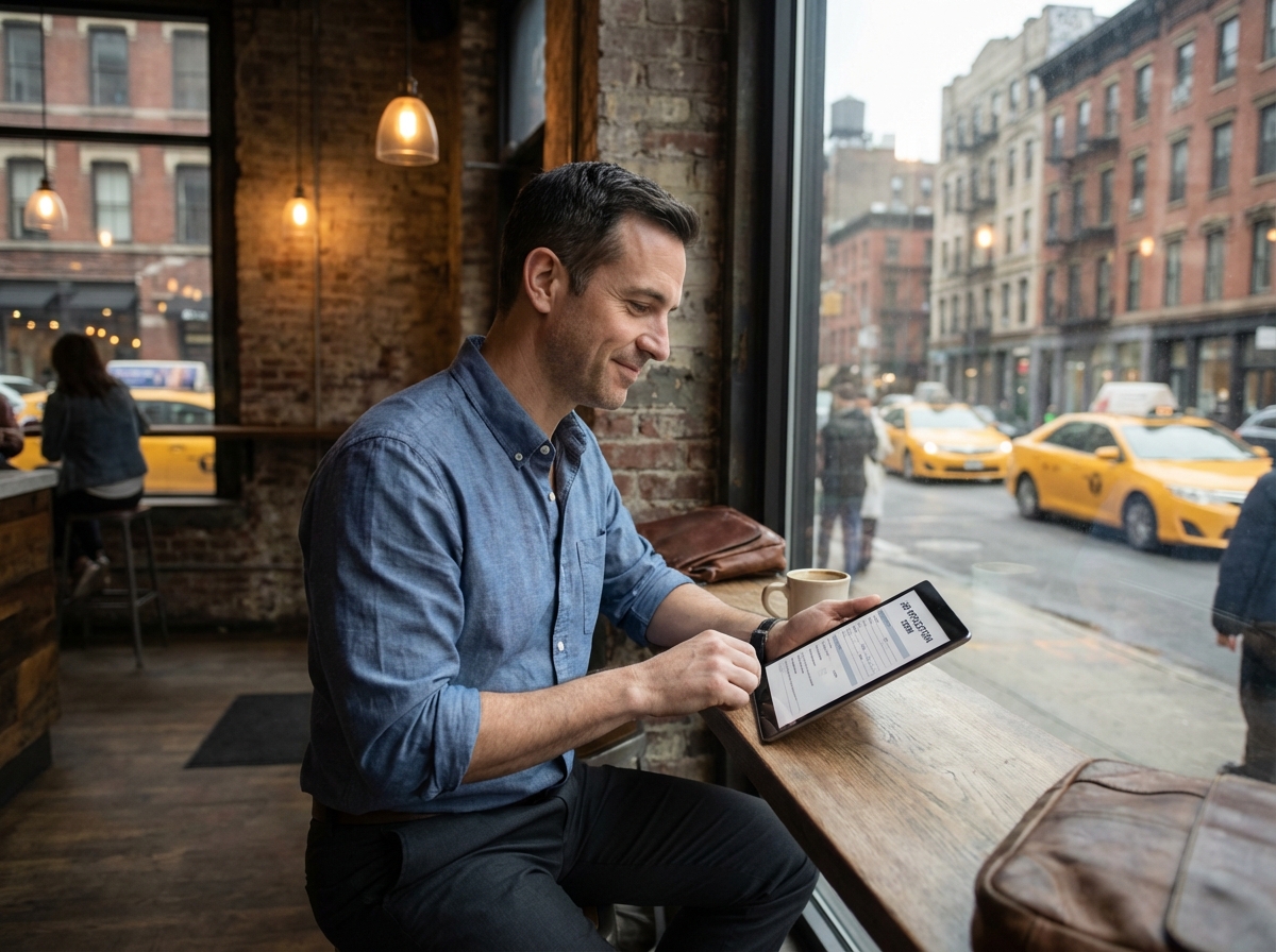 Homme au café utilisant une tablette pour postuler