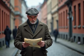 Homme norvegien en manteau vintage lisant une carte dans Oslo