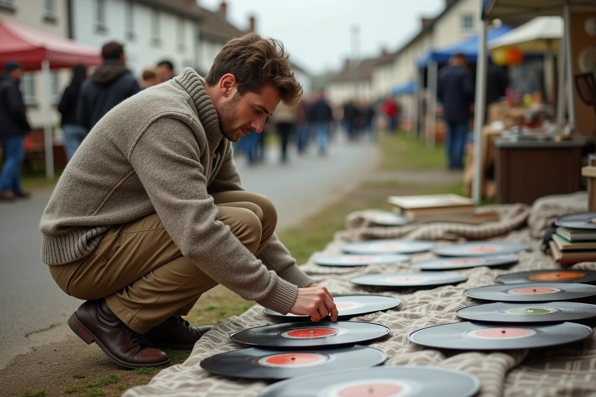 Jeune homme examine des disques vinyle lors d