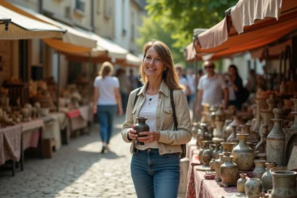 Femme d'âge moyen explore un marché vintage en Bourgogne