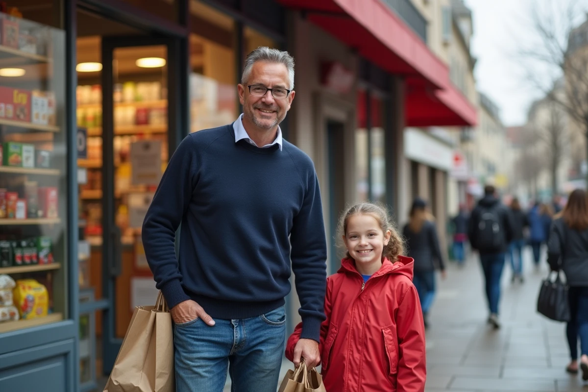 Père et fille avec sacs en papier devant une supérette à Montpellier