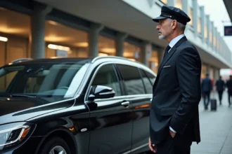 Chauffeur élégant avec voiture de luxe devant la gare d'Aix