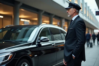 Chauffeur élégant avec voiture de luxe devant la gare d'Aix
