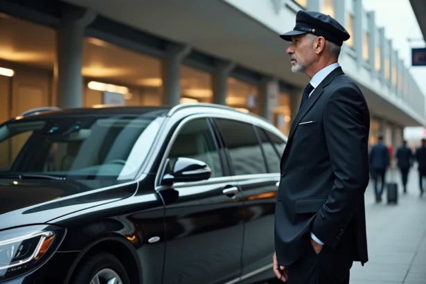 Chauffeur élégant avec voiture de luxe devant la gare d'Aix