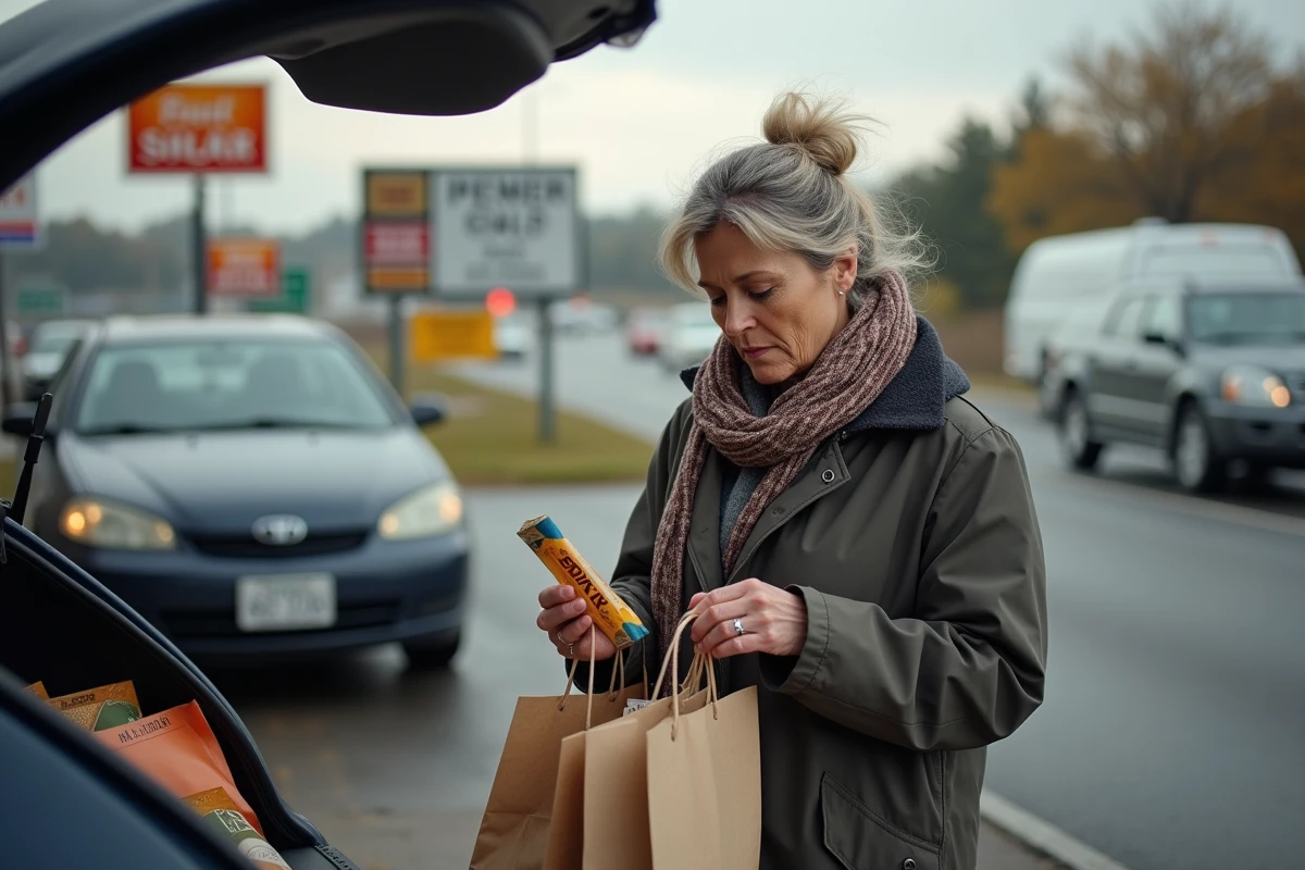 Femme examinant des paquets de tabac à la frontière avec sa voiture