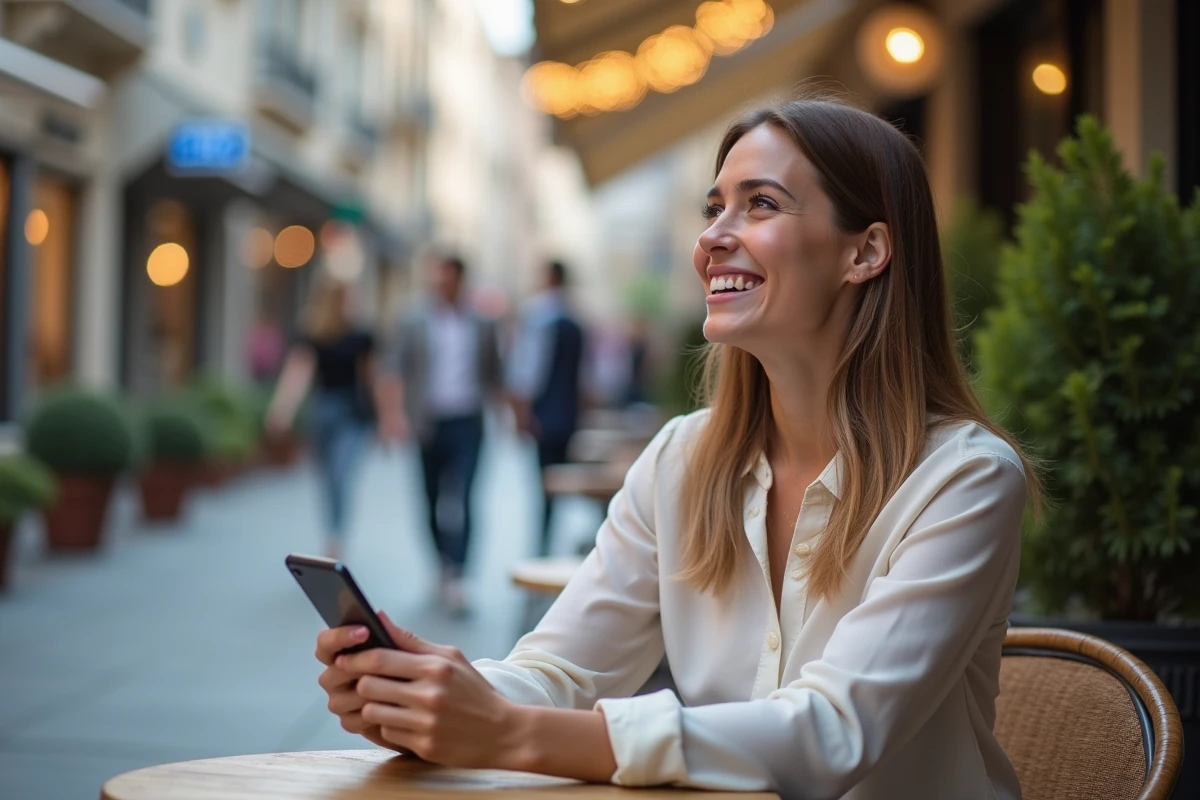 Femme souriante assise dans un café en ville