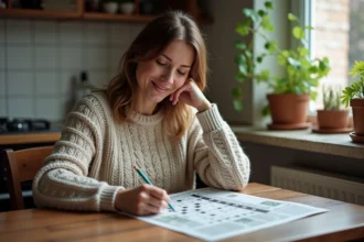 Femme d'âge moyen faisant un mots croisés dans une maison belge