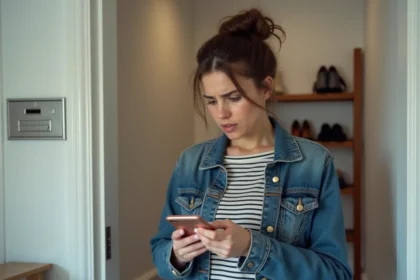 Femme inquiète vérifiant notification de livraison sur smartphone