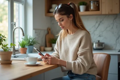 Femme en cuisine regardant son smartphone avec curiosite