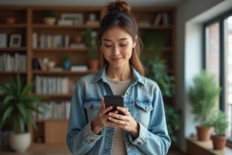 Femme en denim tenant un smartphone dans un salon moderne