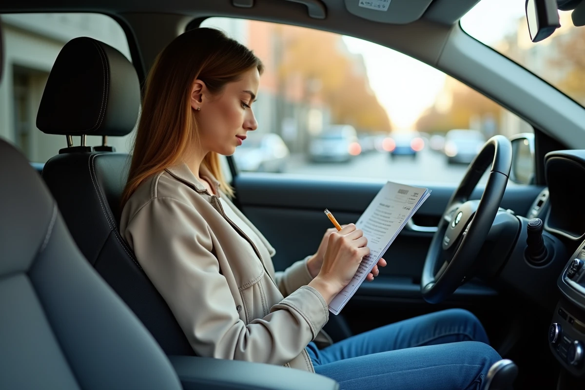 Femme lisant le manuel de la voiture dans l SUV