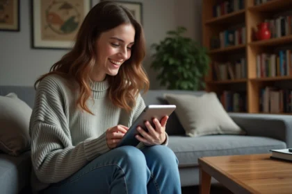 Jeune femme joue à Monopoly sur tablette dans un salon cosy