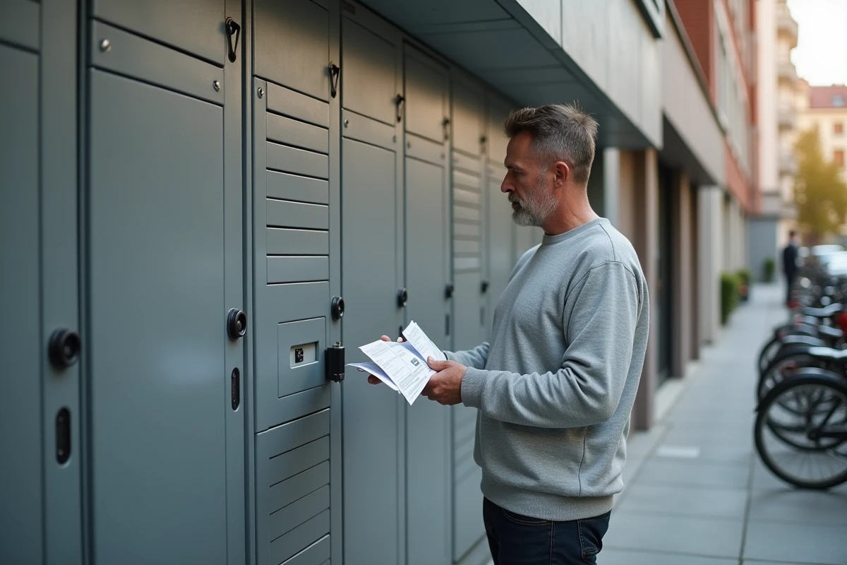 Homme regardant un casier à colis vide devant son immeuble