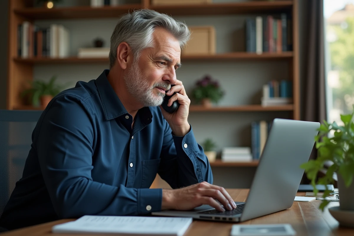 Homme d age utilisant un ordinateur dans un bureau cosy
