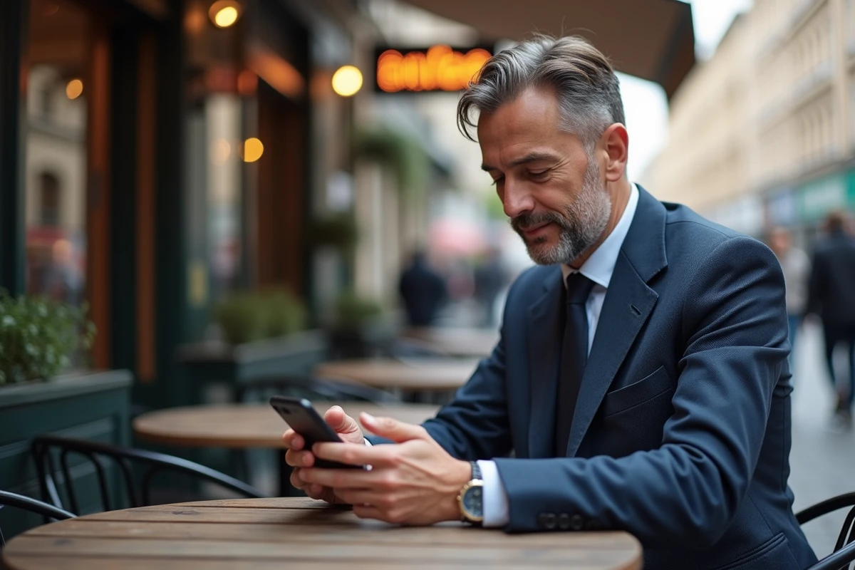 Homme en costume au café utilisant son téléphone en ville