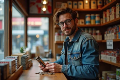 Homme en veste en jean comptant des pièces dans une boutique de tabac