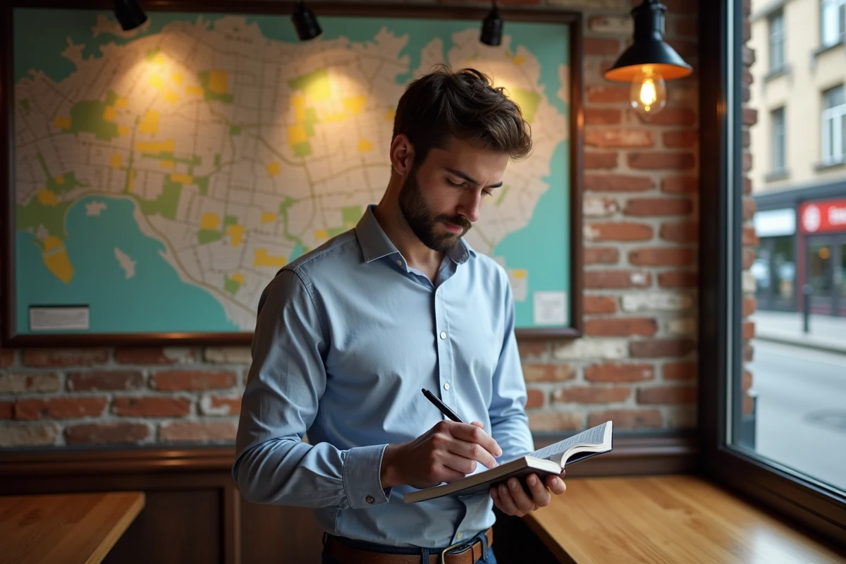 Jeune homme regardant une carte de ville dans un café belge