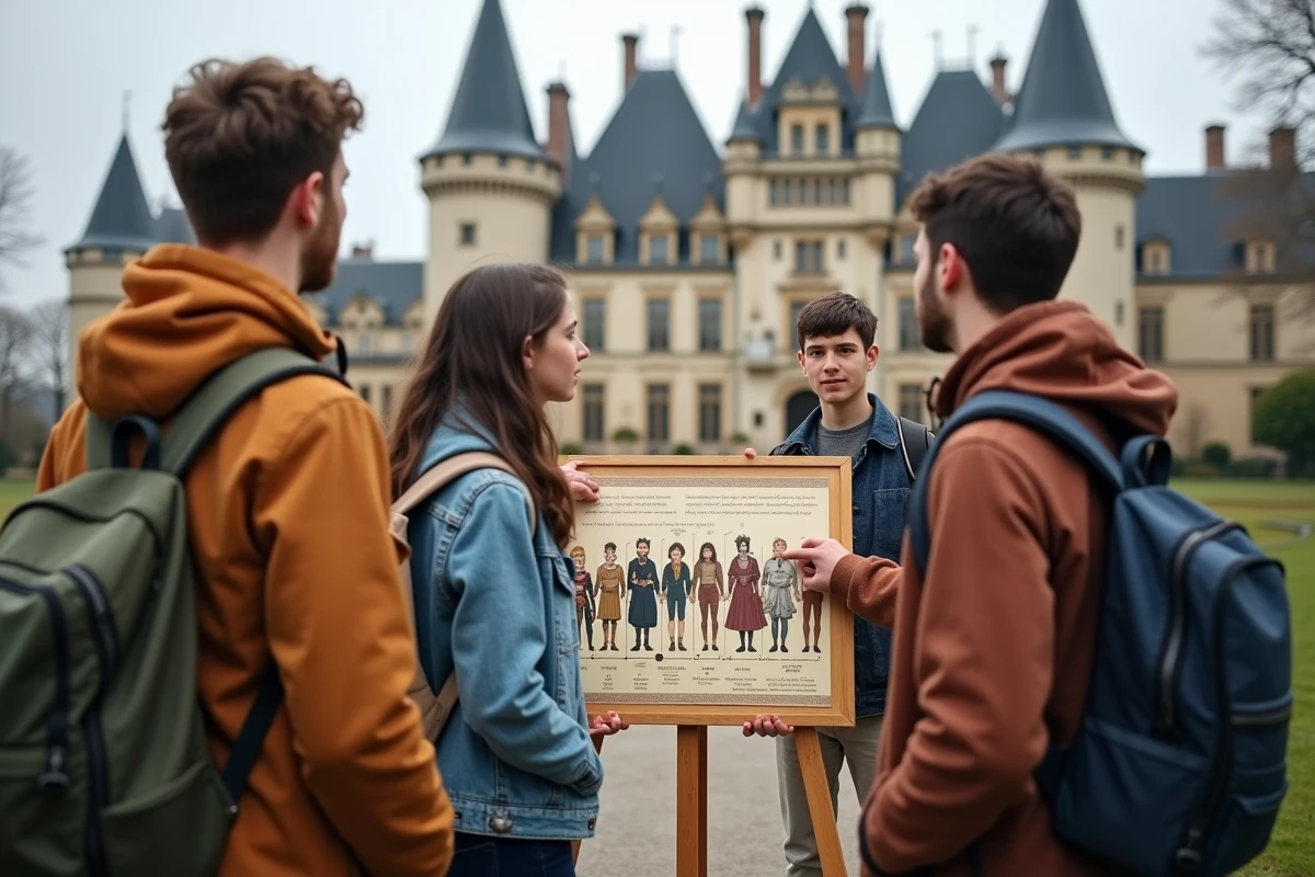 Jeunes étudiants devant un château médiéval en France