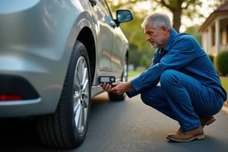Mécanicien vérifiant la pression du pneu d'une voiture