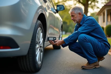 Mécanicien vérifiant la pression du pneu d'une voiture