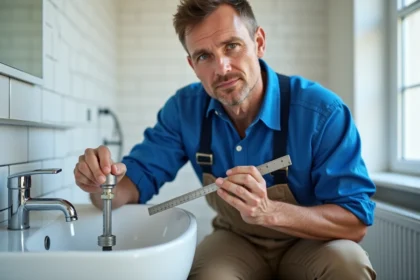 Plombier homme avec outil dans salle de bain propre