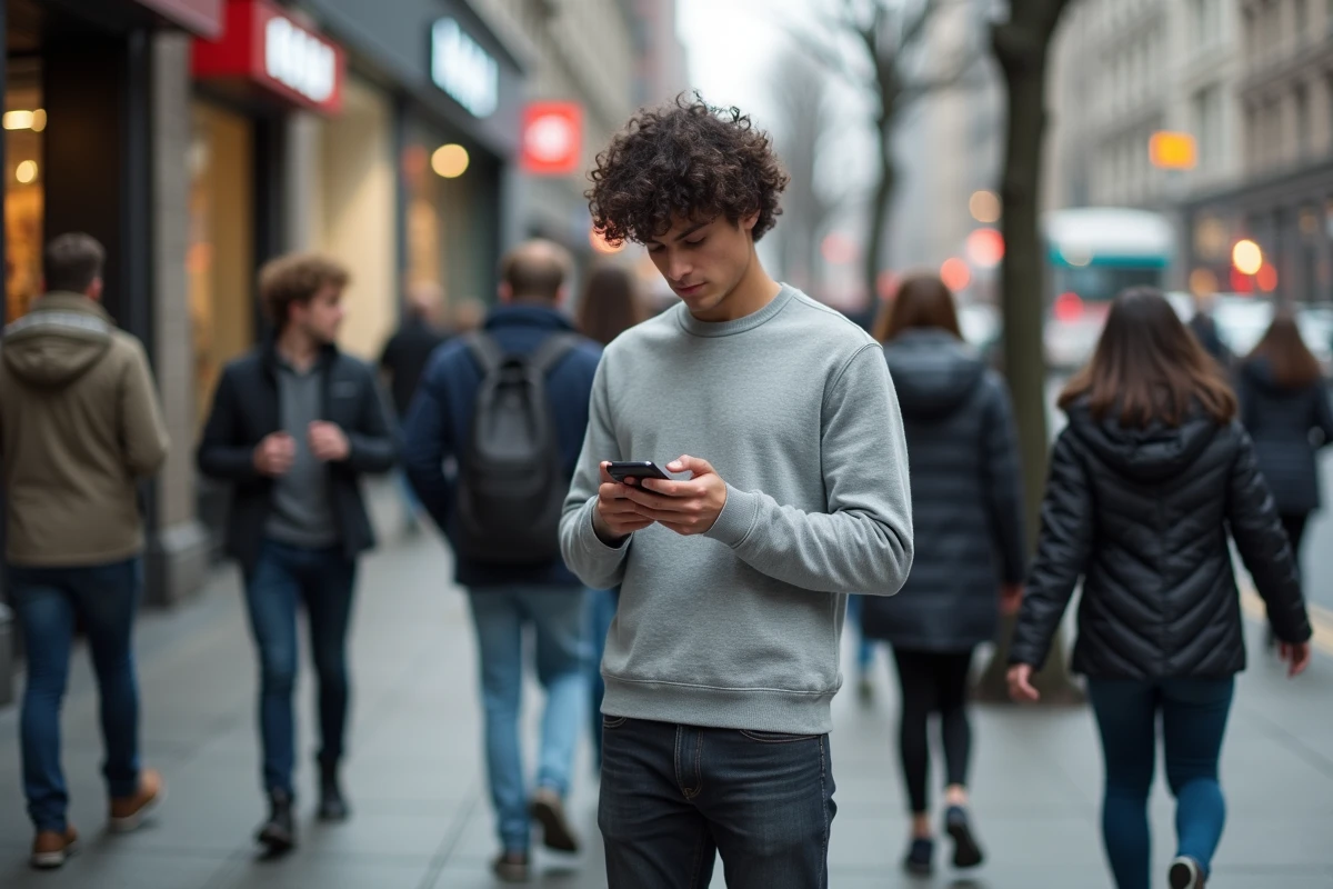 Jeune homme utilisant son téléphone dans la rue parmi la foule, symbolisant la frontière floue entre vie publique et vie privée sur les réseaux sociaux