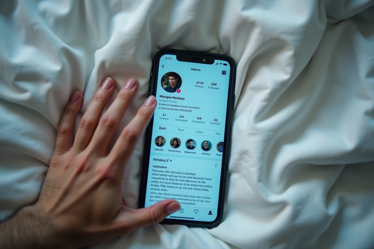 Gros plan sur un écran de smartphone affichant un profil de réseau social avec des données personnelles visibles, posé sur un drap blanc, évoquant la vulnérabilité de la vie privée en ligne