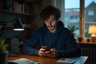 Jeune homme consultant son smartphone dans un appartement, avec des notifications de réseaux sociaux visibles sur l'écran, illustrant l'exposition de la vie privée en ligne