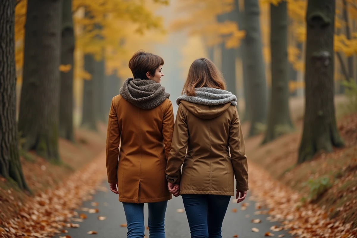 Deux femmes marchent sur un sentier forestier en automne