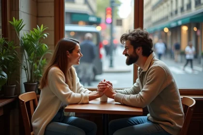 Une femme et un homme souriants se tiennent la main dans un café urbain