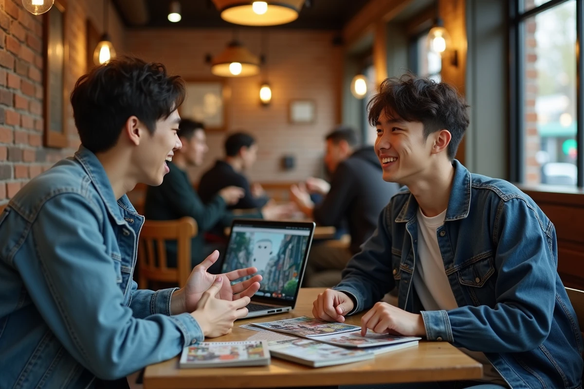 Deux amis fans d'isekai discutant de manga autour de volumes ouverts dans un café urbain