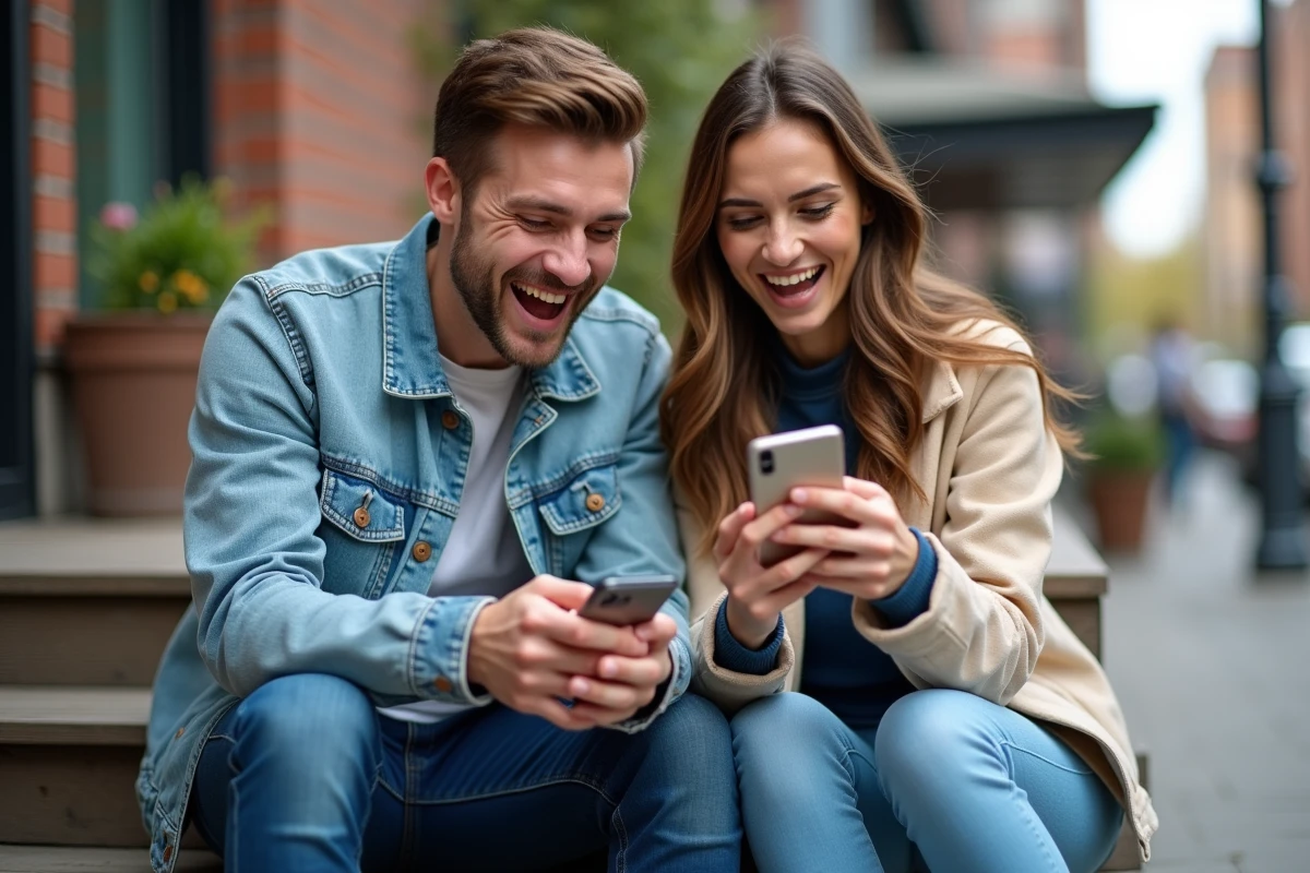 Deux amis réagissant avec enthousiasme à un lien Coin Master gratuit sur un smartphone en extérieur