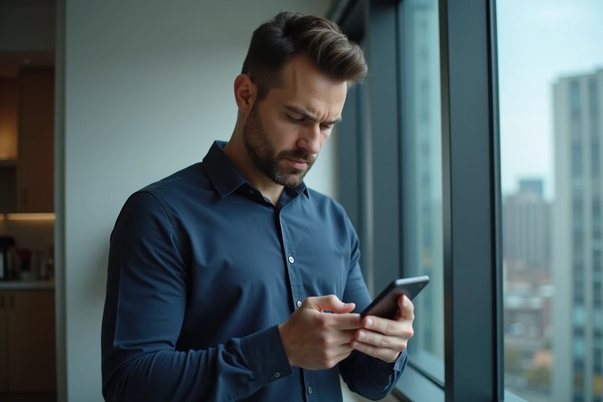 Homme analysant un lien suspect sur son téléphone portable en milieu urbain