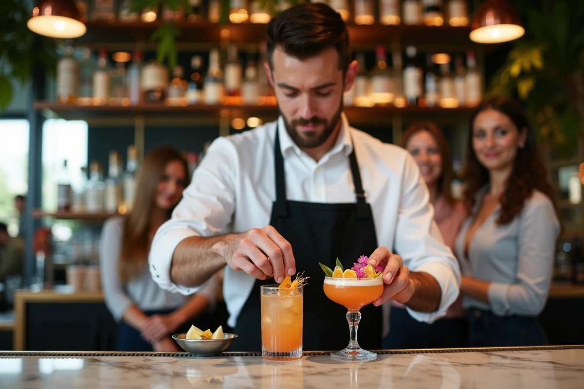 Barman préparant des cocktails élaborés pour un groupe EVJF dans un bar lounge chic à Lille
