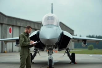 Technicien de l'armée de l'air inspectant un chasseur monoréacteur français sur un tarmac militaire