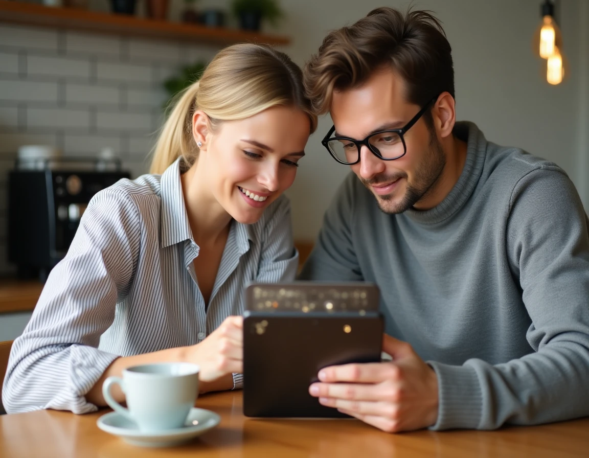 Deux collègues qui collaborent dans un café pour finaliser une cybercarte animée professionnelle sur tablette