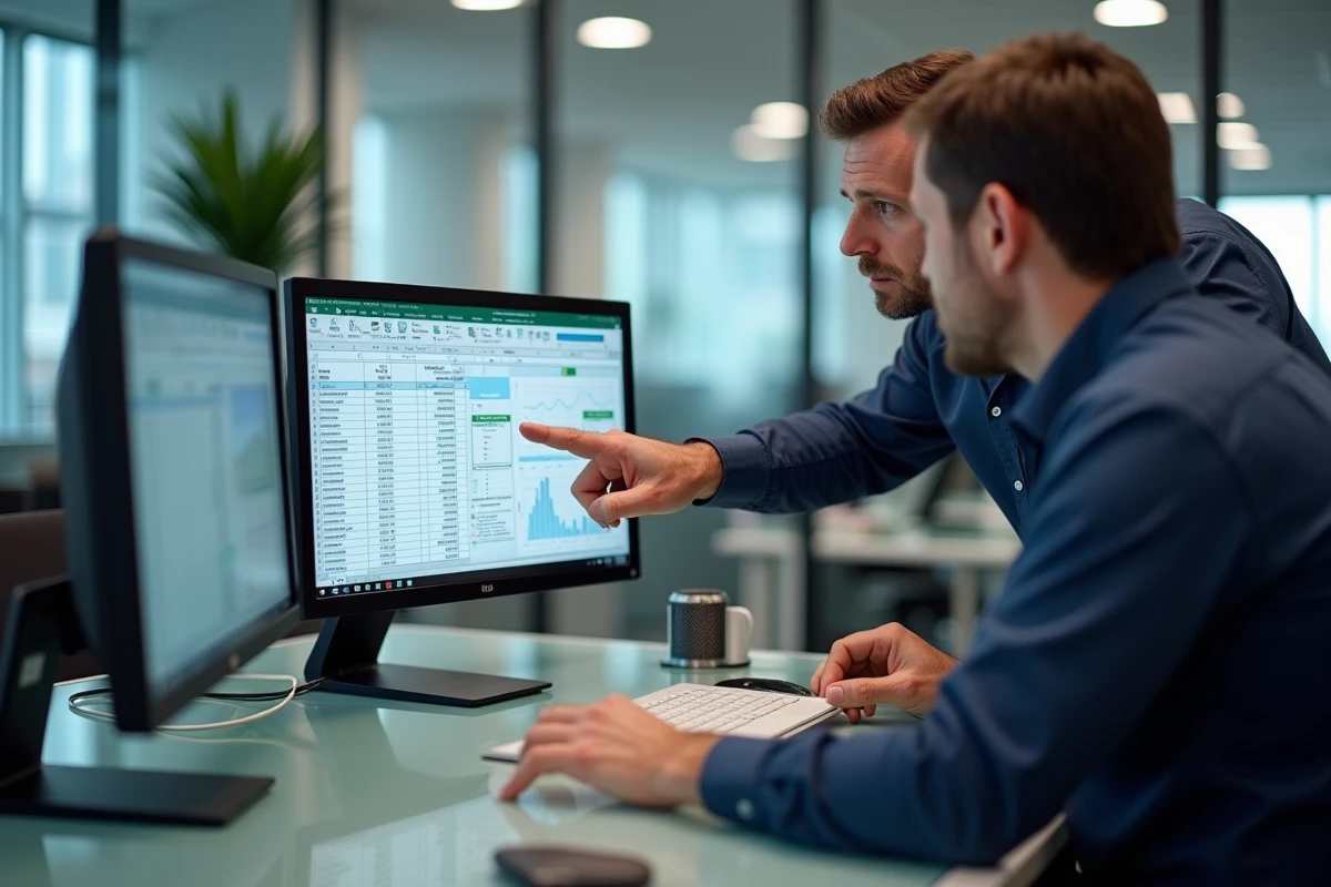 Deux collègues en open space analysant une conversion de dates en chiffres romains sur Excel