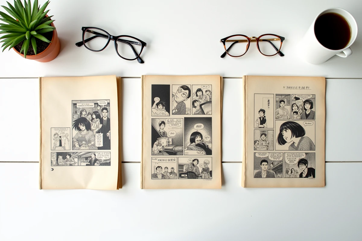 Vue du dessus de trois publications côte à côte : un manga japonais, un manhwa coréen et un webtoon imprimé, montrant leurs différences de format et de style graphique