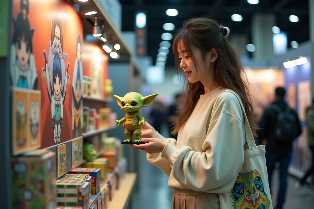 Jeune femme examinant une figurine de gobelin isekai dans un stand de convention manga