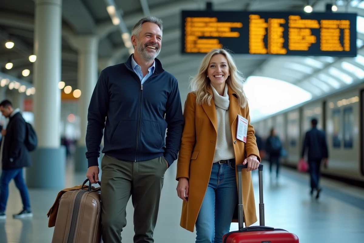 Couple en mini-vacances dans une gare avec bagages, profitant d'un pont de jours fériés pour partir en voyage